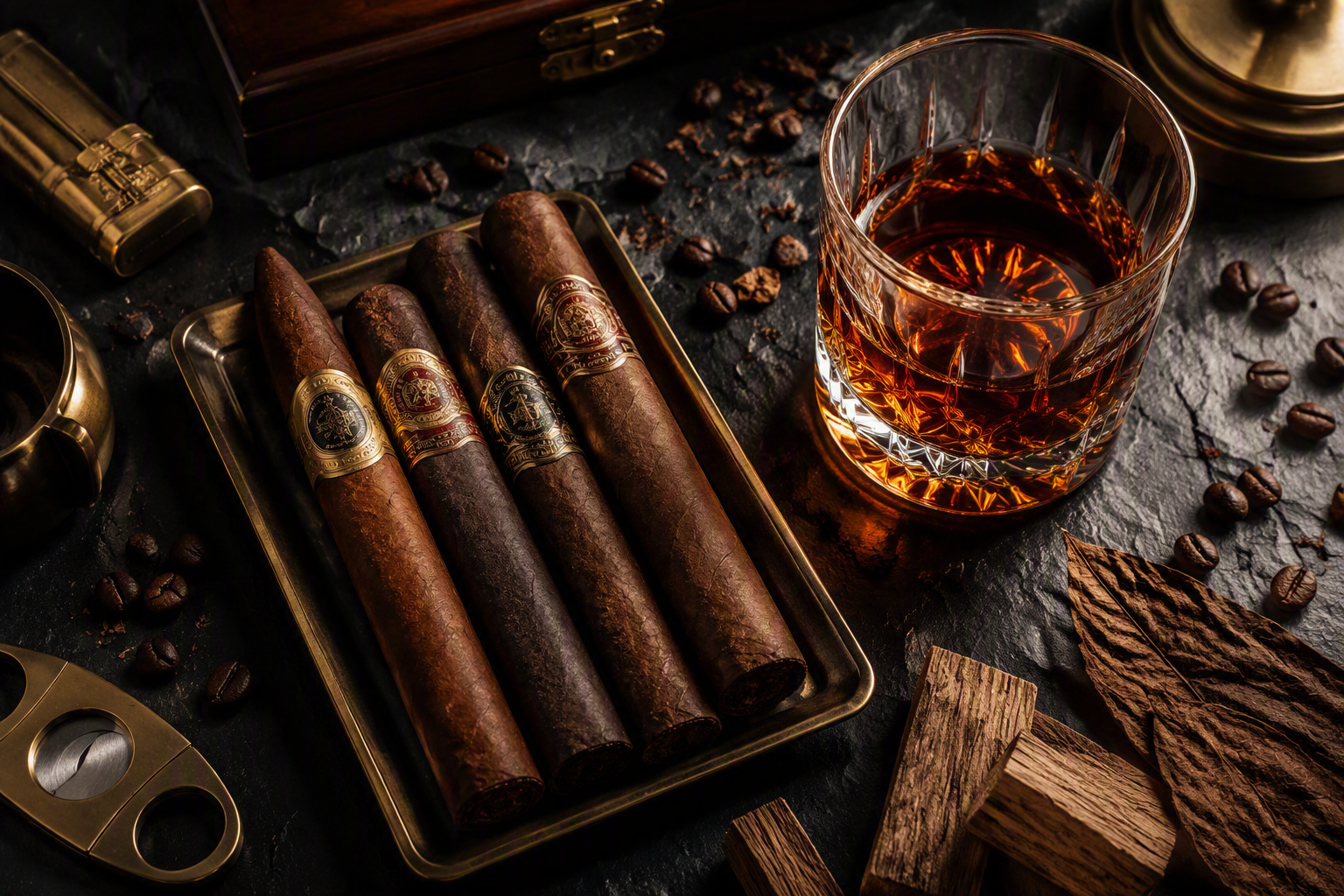 Premium cigars beside a glass of aged spirit
